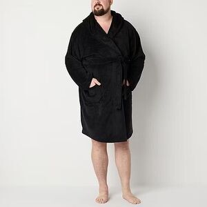 NWT St. John's Bay Mens XL-2XL Soft Plush Long Length Hooded Robe Black Bathrobe